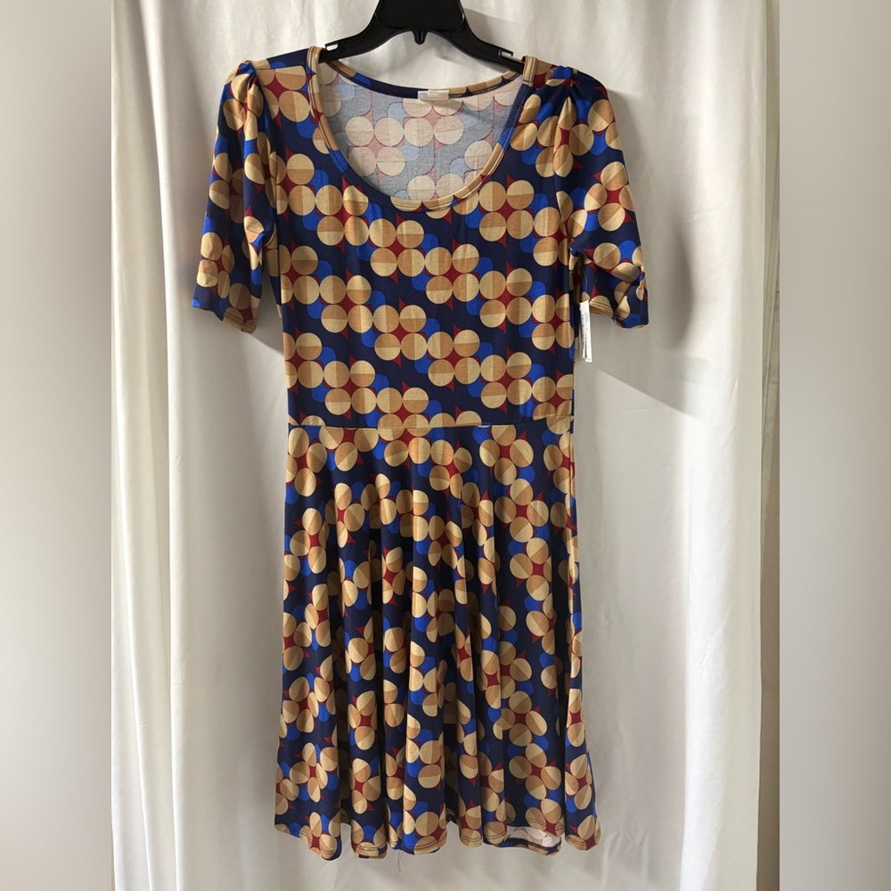 LulaRoe Geometric Patterned‎ Blue and Tan Nicole Dress Size XL New with tags.